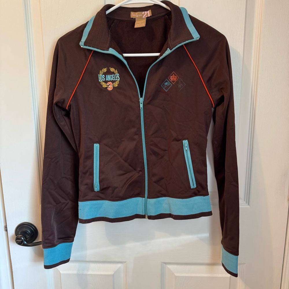 Forever 21 Y2K Vintage Brown and Blue Embroidered Track Jacket Small